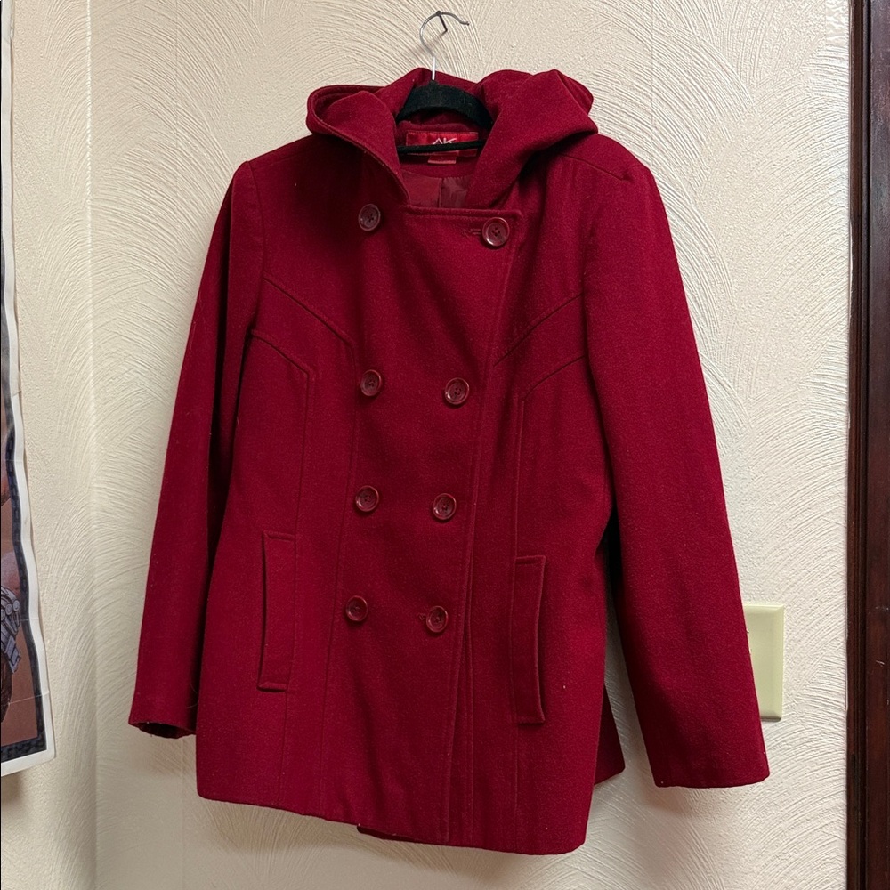 Anne Klein Women's Wool Red Double-Breasted Hooded Coat
